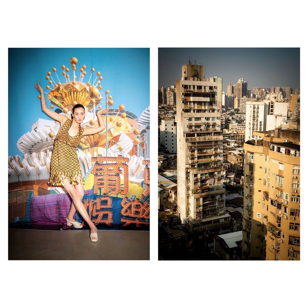 Adult female poses in a yellow dress against a colorful, illustrative wall; contrast with high-rise cityscape on the right.