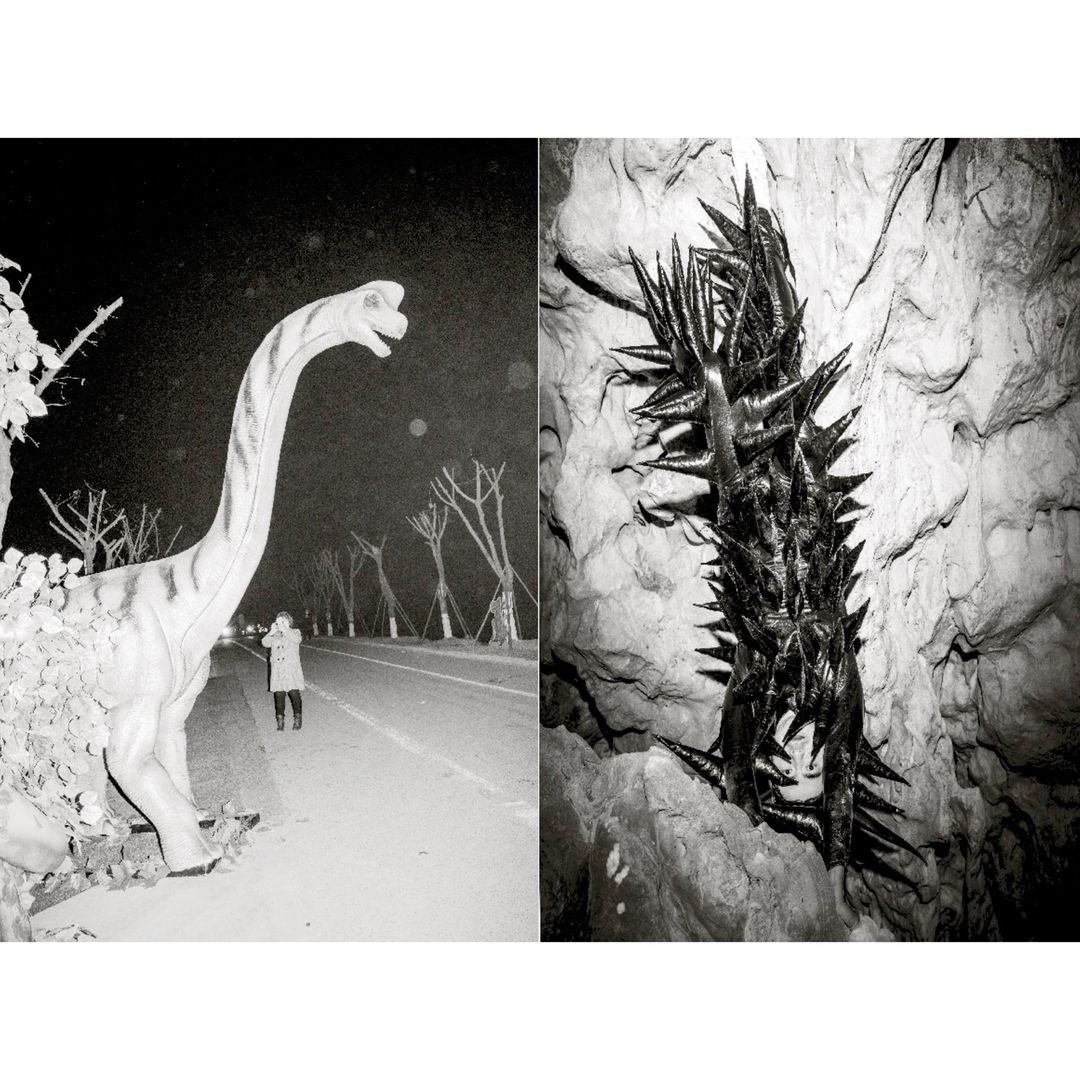Monochrome photograph featuring a dinosaur statue on a roadside and a cluster of spiked objects in a cave-like setting, presented as a diptych.