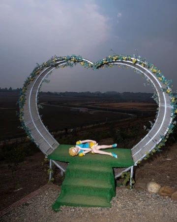 Artistic photography of a figure lying on a heart-shaped floral platform overlooking a rural landscape beneath a dusky, cloudy sky.