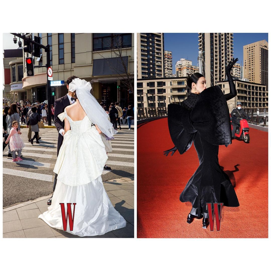A collage presents two fashion photos: on the left, a bride in a white gown and on the right, a fashion model in an avant-garde dress.