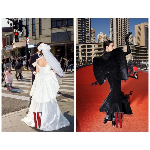 A collage presents two fashion photos: on the left, a bride in a white gown and on the right, a fashion model in an avant-garde dress.