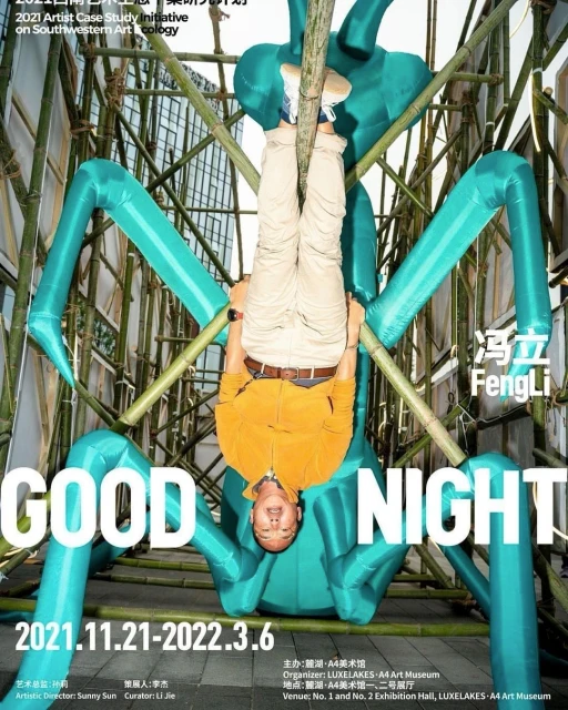 Man hangs upside down from a bamboo art installation in front of a poster reading GOOD NIGHT with text from an art exhibit.