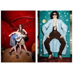 Two-panel fashion photograph featuring models in sunglasses and stylish apparel shot by photographer Feng Li.