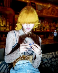 Model with bright yellow bob haircut wearing a mesh top, floral patterned skirt, and large sunflower pendant necklace inside a dimly lit bar.