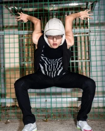 Model crouching with arms raised against a green wire fence wearing a white padded cap and zebra print top