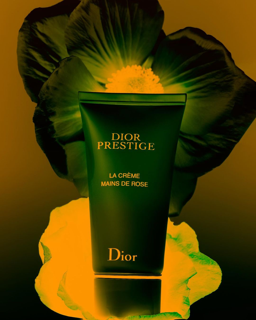 Dior Prestige skincare product presented with roses. The product is prominently displayed against a floral backdrop.