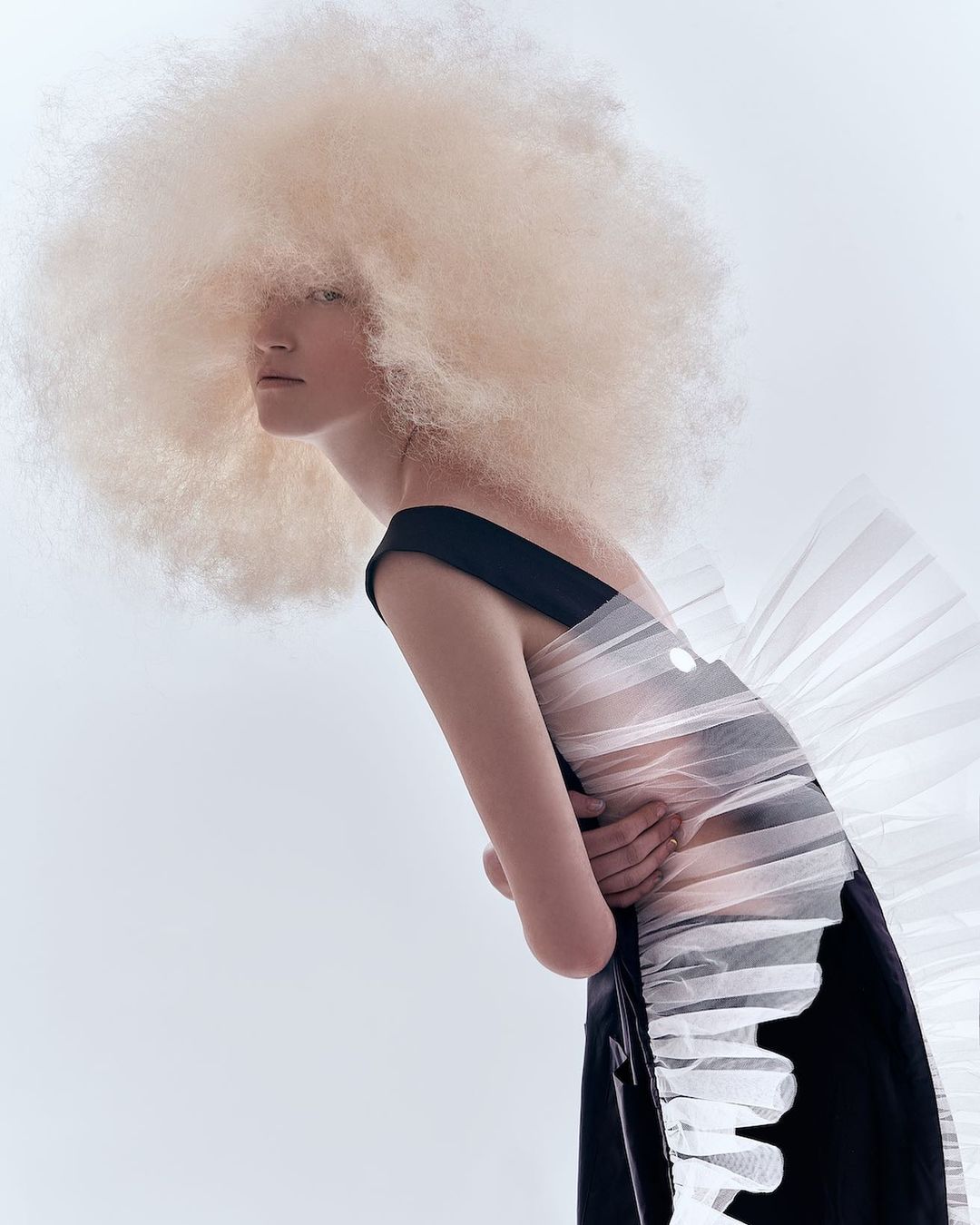 A woman with a large afro hairstyle poses wearing a black sleeveless dress with a white tulle accent against a plain, bright backdrop.