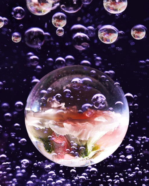 Macro photograph of a large water bubble containing white and pink flowers, surrounded by smaller bubbles against a dark purple background.