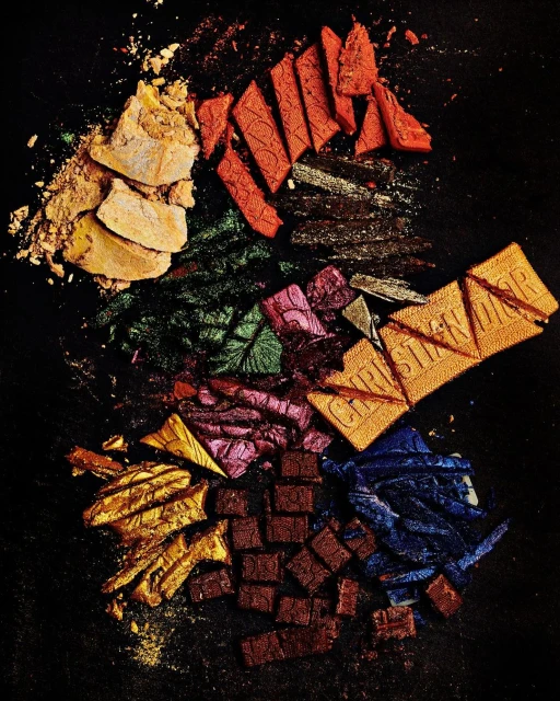 Crushed and broken multi-colored eyeshadow pieces on a black background featuring orange, yellow, green, blue, pink, and brown shades.