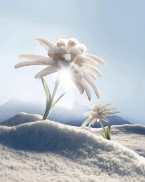 Two white edelweiss flowers in a snowy mountain landscape under a clear sky, lit by sunlight, creating a serene natural scene.