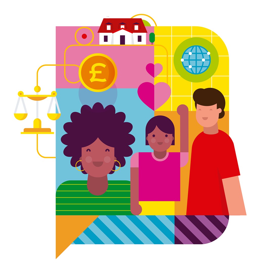 Illustration of diverse people, house, balance scales, pound symbol, globe, and hearts, in colorful geometric shapes on a white background.