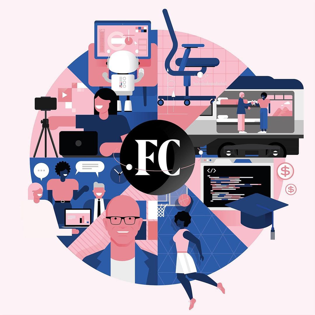 Busy illustration with people working on computers, playing basketball, traveling, and going to school on a circular geometric background.