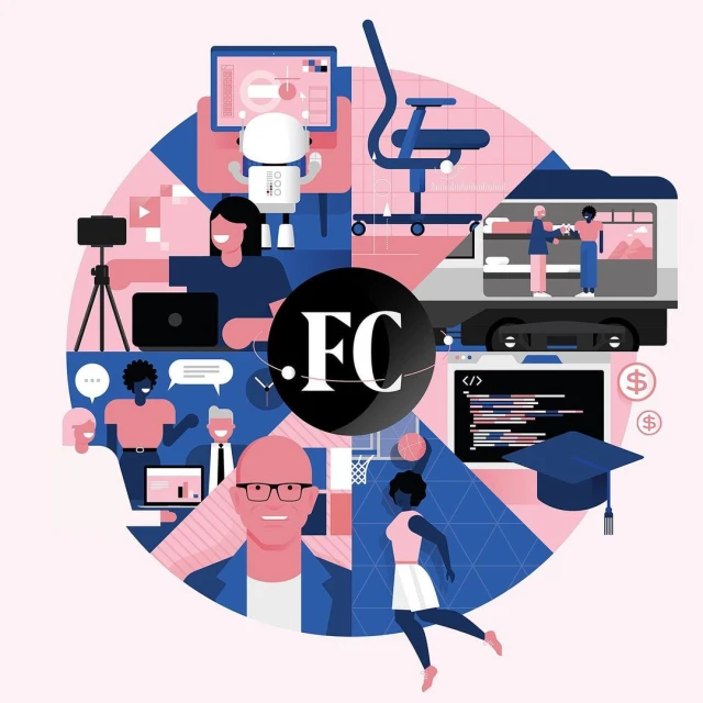 Busy illustration with people working on computers, playing basketball, traveling, and going to school on a circular geometric background.