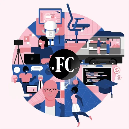 Busy illustration with people working on computers, playing basketball, traveling, and going to school on a circular geometric background.