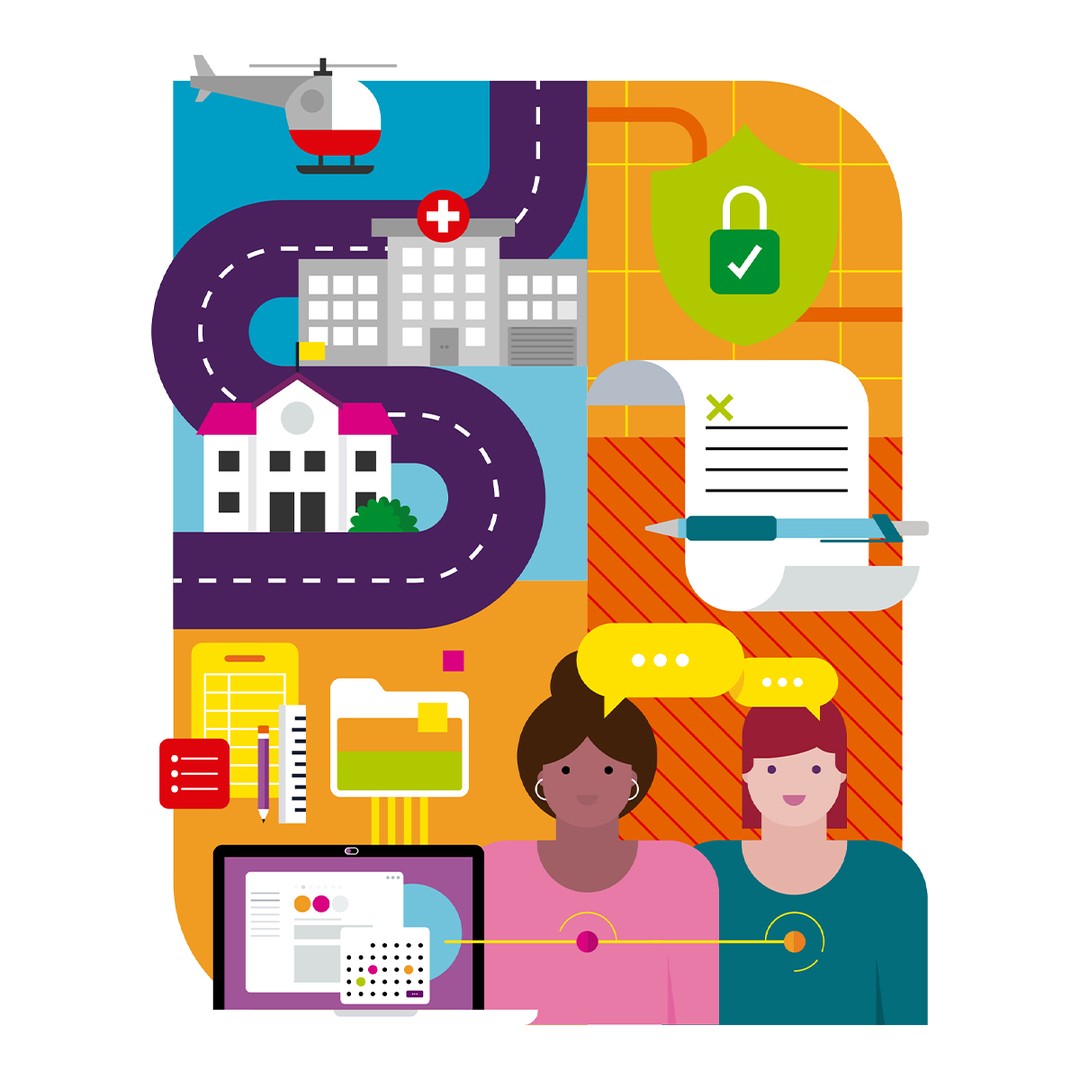 Digital composite illustration shows two women in front of a laptop, buildings, roads, and a helicopter in a stylized, conceptual design.