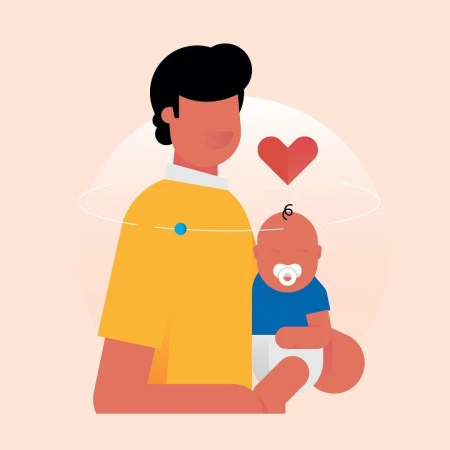 Illustration of a person holding a baby with a pacifier, a minimalist design with a heart element, soft colors, and clean lines.