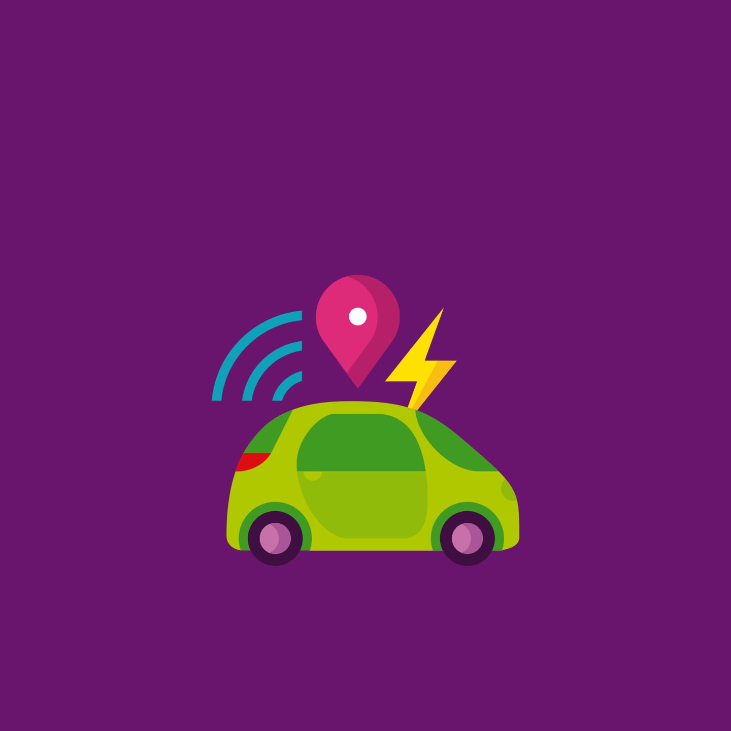 Illustration of a lime-green electric car with a location pin, lightning bolt, and wifi symbol, isolated on a purple background.