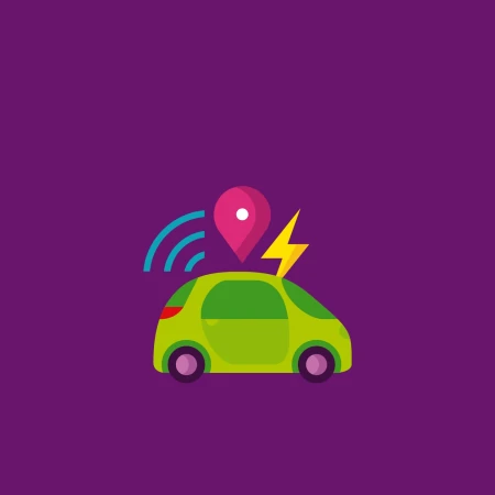 Illustration of a lime-green electric car with a location pin, lightning bolt, and wifi symbol, isolated on a purple background.