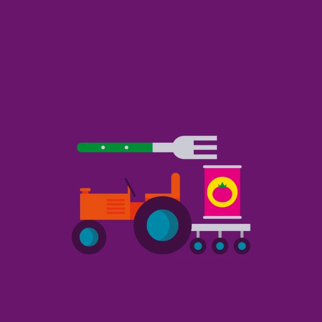 Illustration of an orange tractor pulling a can of tomatoes, topped with an oversized fork on a purple background.