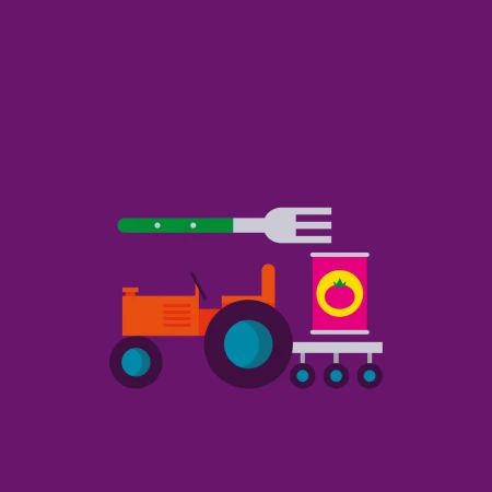 Illustration of an orange tractor pulling a can of tomatoes, topped with an oversized fork on a purple background.