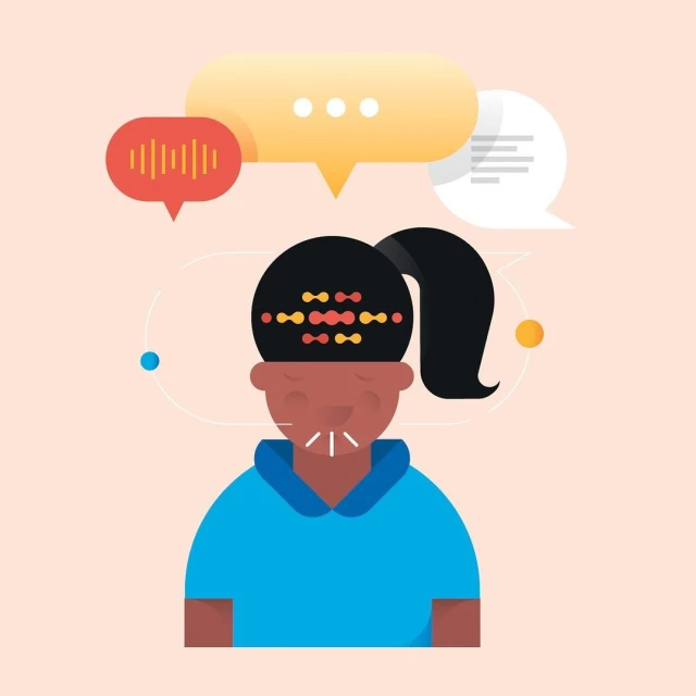 Illustration of a stylized person with speech bubbles above, suggesting communication, thought processes, and digital data analysis.