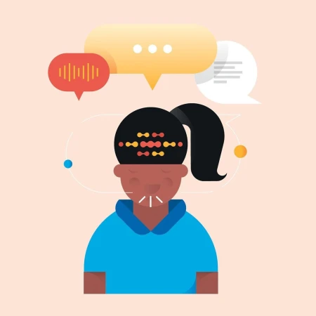 Illustration of a stylized person with speech bubbles above, suggesting communication, thought processes, and digital data analysis.