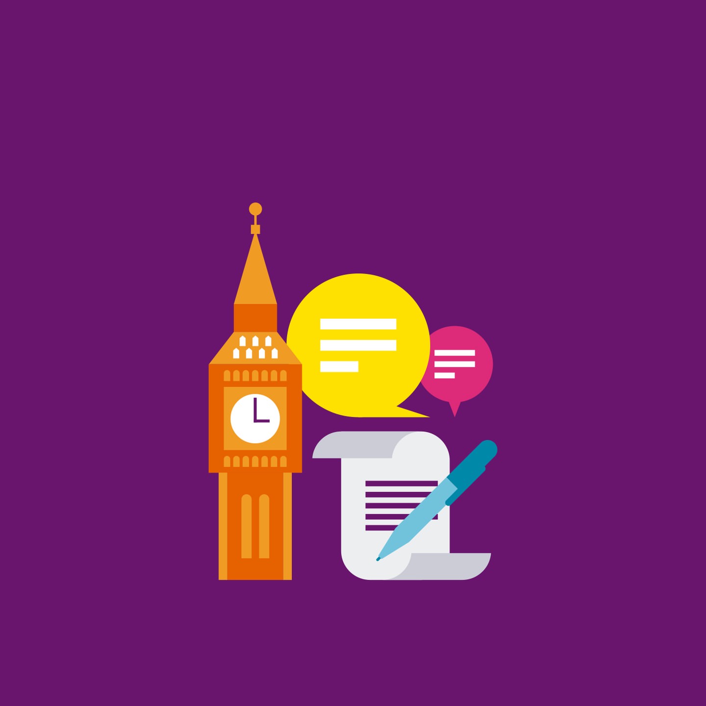 Digital illustration of Big Ben, speech bubbles, a pen, and paper against a purple background in a vector style graphic design.