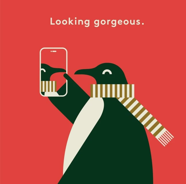Illustration of a penguin with a scarf taking a selfie with a smartphone against a red background, depicted in a minimalist style.