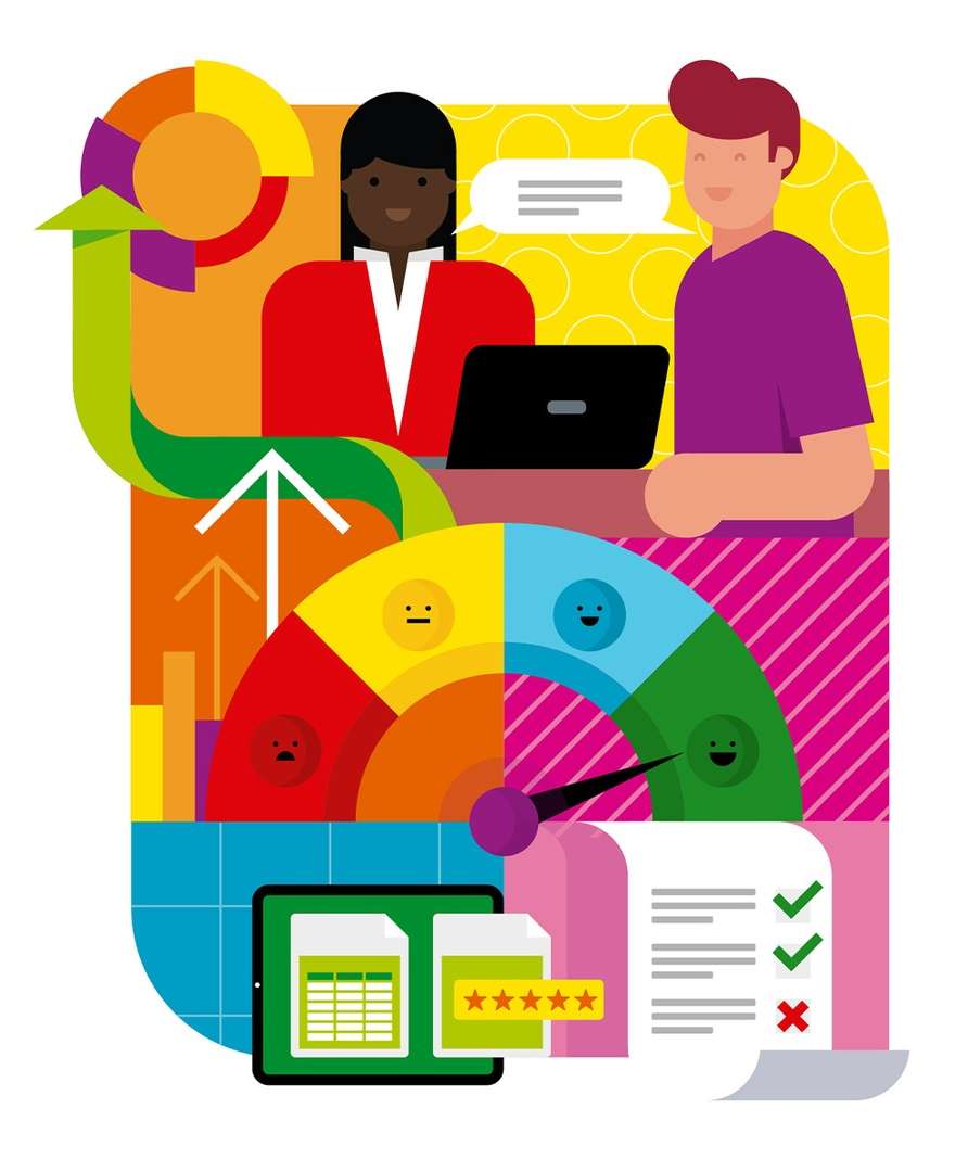 Illustration of business meeting with diverse professionals, laptop, chart, and check marks, conveying data review and teamwork.