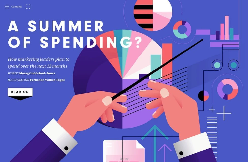 Illustration of business spending concept with hands directing data charts on a blue background, conveying insights and financial planning.