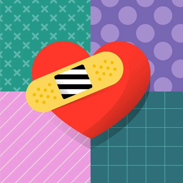 Red heart graphic with bandage on patterned backdrop. Cartoon style image of healthcare, recovery, and support.