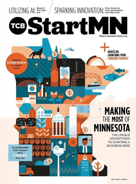 StartMN magazine cover featuring a state map illustration with cityscapes, river, bridge, and various Minnesota icons in a vibrant color palette.