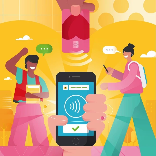 Illustration of a hand holding a smartphone with a contactless payment symbol, with two stylized people and a credit card.