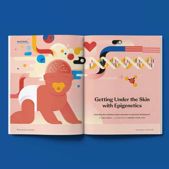 Illustration of a stylized infant with a pacifier and colorful abstract shapes, accompanied by the text 'Getting Under the Skin with Epigenetics'.