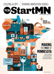 Magazine cover illustration featuring a detailed map of Minnesota filled with icons and buildings by Fernando Volken Togni
