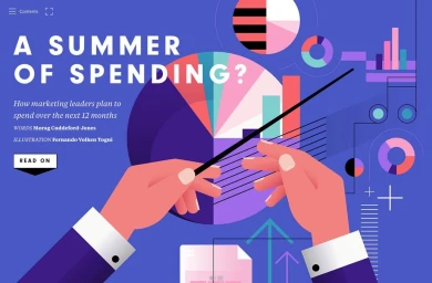 Digital illustration by Fernando Volken Togni of hands holding a conductor baton over financial charts and graphs against a blue background.
