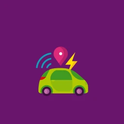 Digital illustration of a green electric car with a location pin and lightning bolt icon against a purple background