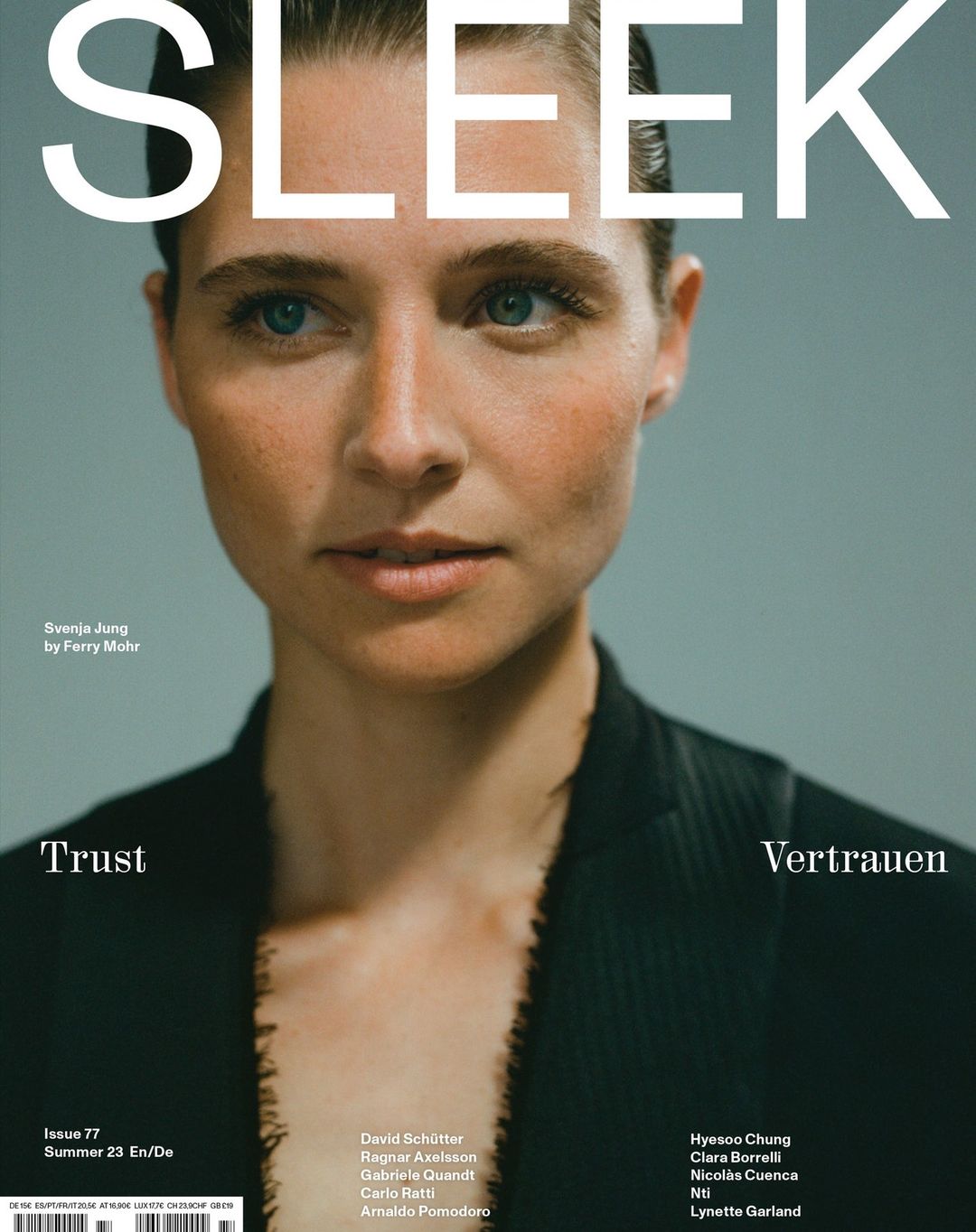 Svenja Jang face portrait on Sleek magazine cover in dark jacket with light background. Text: Sleek, Trust, Vertrauen.