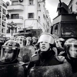 Monochrome street-level view of riot police officers wearing helmets with face shields and holding protective shields in Paris