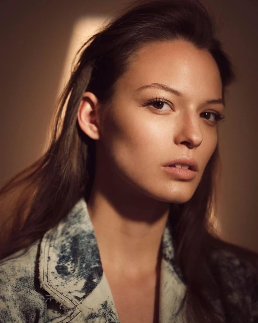 Portrait of a young woman with long brown hair wearing a blue denim jacket in front of a blurred tan background, illuminated by window light.