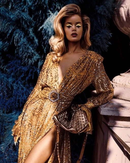 Adult female in animal-print gown with geometric eye makeup standing near a decorative blue evergreen bush and marble balustrade.