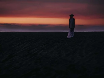 Silhouette of a person wearing a wide-brimmed hat and long sheer dress standing on a dark sandy beach at sunset.