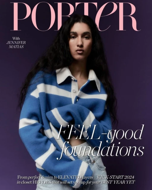 Magazine cover featuring a woman with dark hair wearing a blue and white striped sweater against a purple background with 'Porter' text.