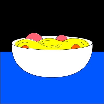Illustration of a bowl of spaghetti with meatballs set against a black background and a blue surface, in a flat, graphic style.
