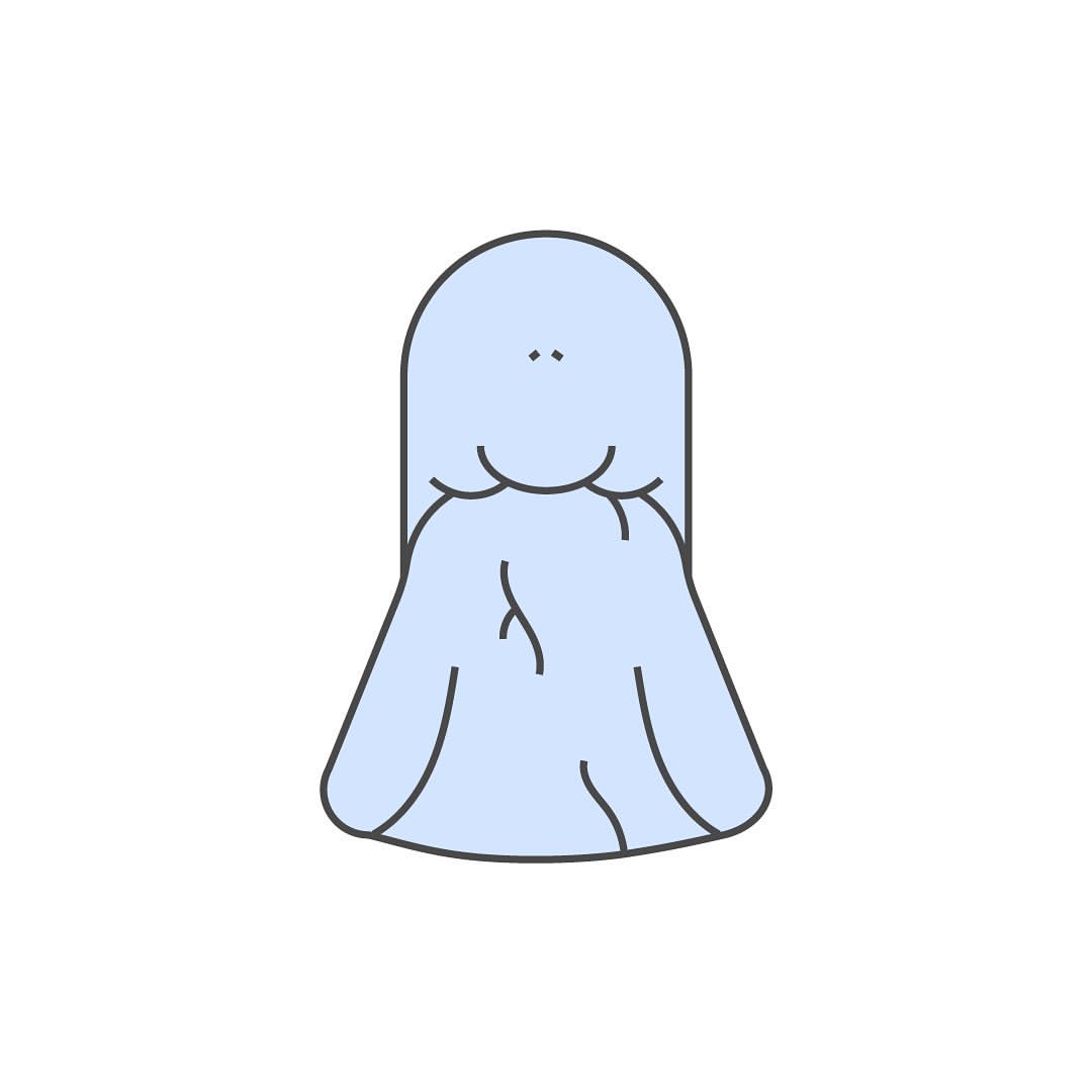 Illustration of a whimsical light blue ghost-like figure with black outlines and small dot eyes against a plain white background.