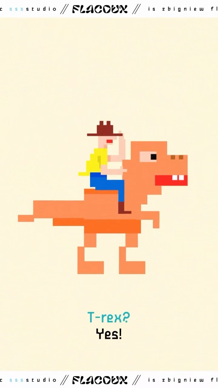 Digital art illustration: pixel art rendering of a person in a cowboy hat riding a T-Rex against a light yellow background.