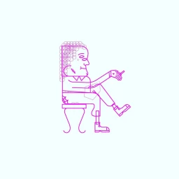 Magenta vector line illustration of a seated man smoking a cigarette on a stool against a plain light background