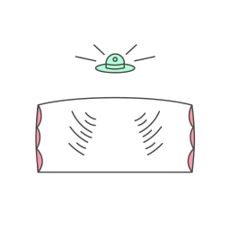 Minimalist vector illustration featuring a UFO hovering above an arched rectangular shape with curved lines on a plain white background