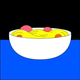 Digital illustration of a white bowl filled with yellow spaghetti and red spheres against a black and blue background.