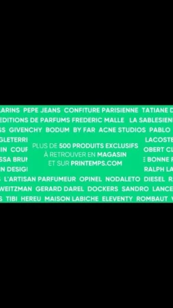 Bright green background featuring various brand names such as Givenchy, Acne Studios, Lacoste, Diesel, and Sandro, among others.